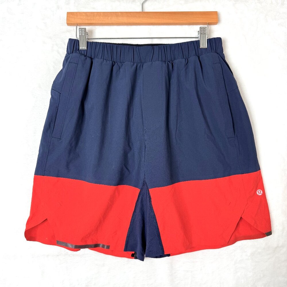 LULULEMON ATHLETICA Colorblock Logo Pockets Lined 9" Swim Trunks Mens M Blue Red